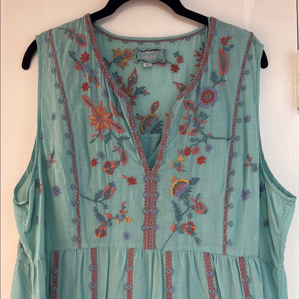 Johnny Was Mint Green Floral Embroidered Sleeveless Dress